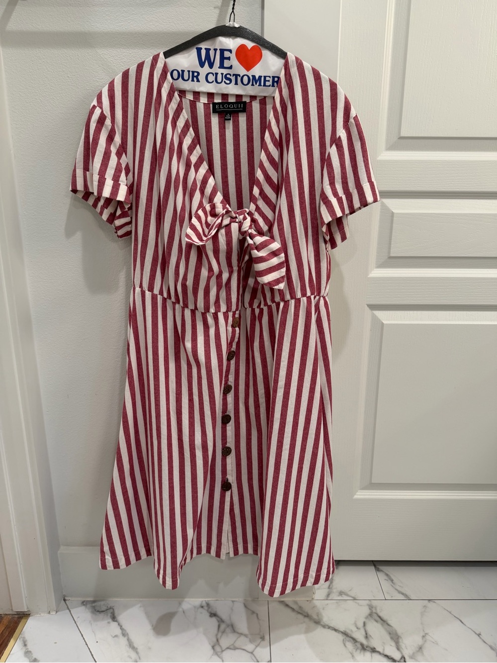 Eloquii Red & White Striped Tie-Front Midi Dress